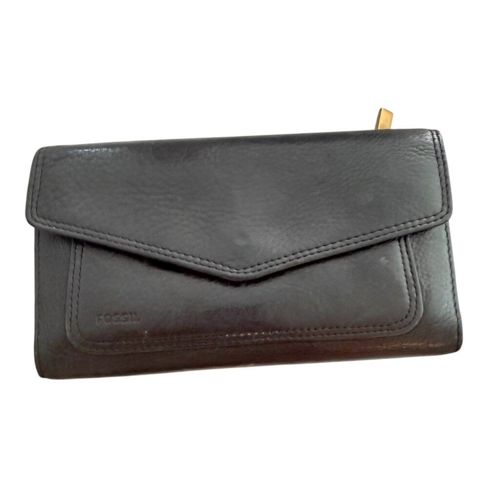 Fossil Wallet Black Genuine Leather Bifold Snap Flap Soft EUC